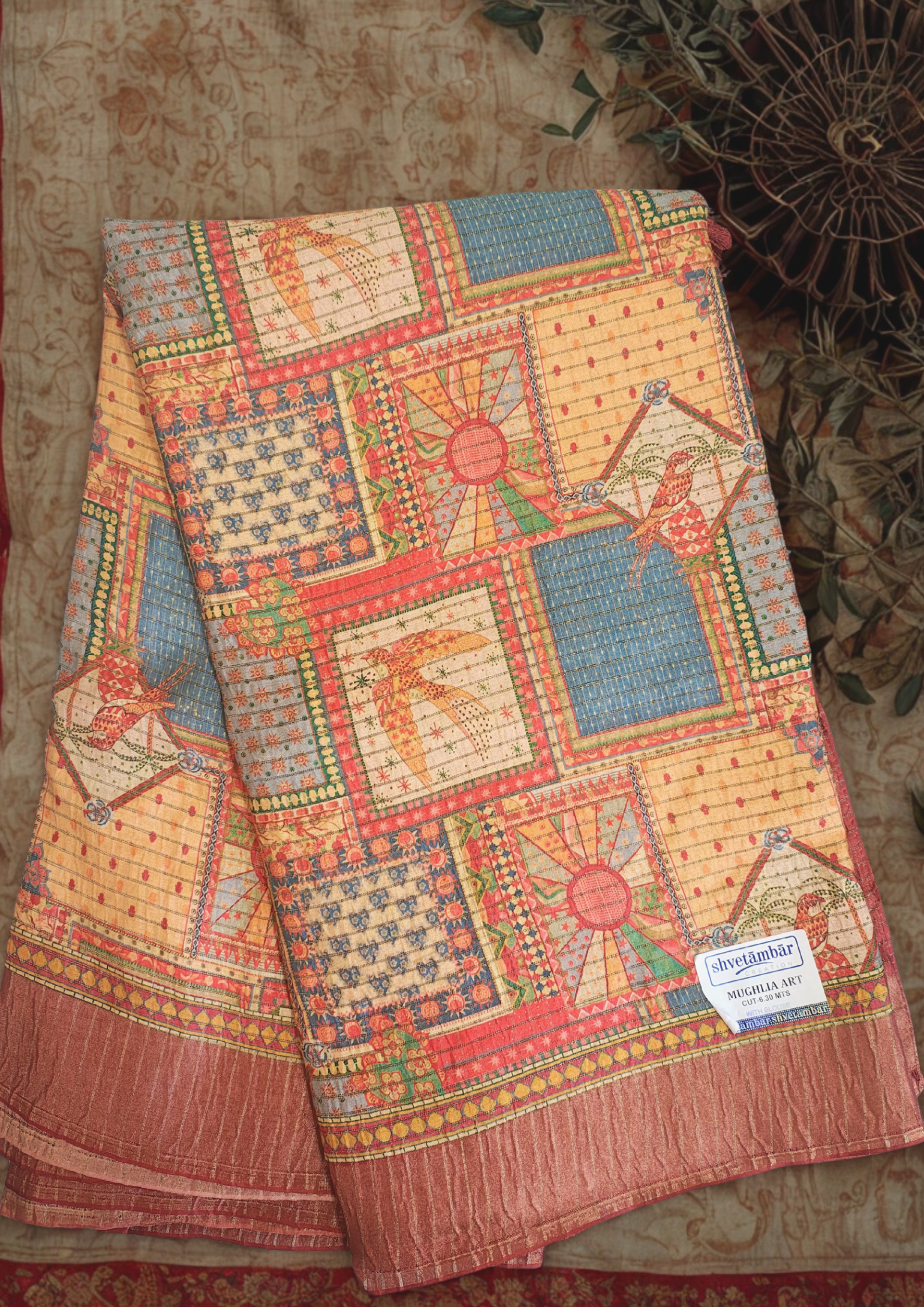 Mughalia Art Yellow With Maroon Heritage Silk Saree