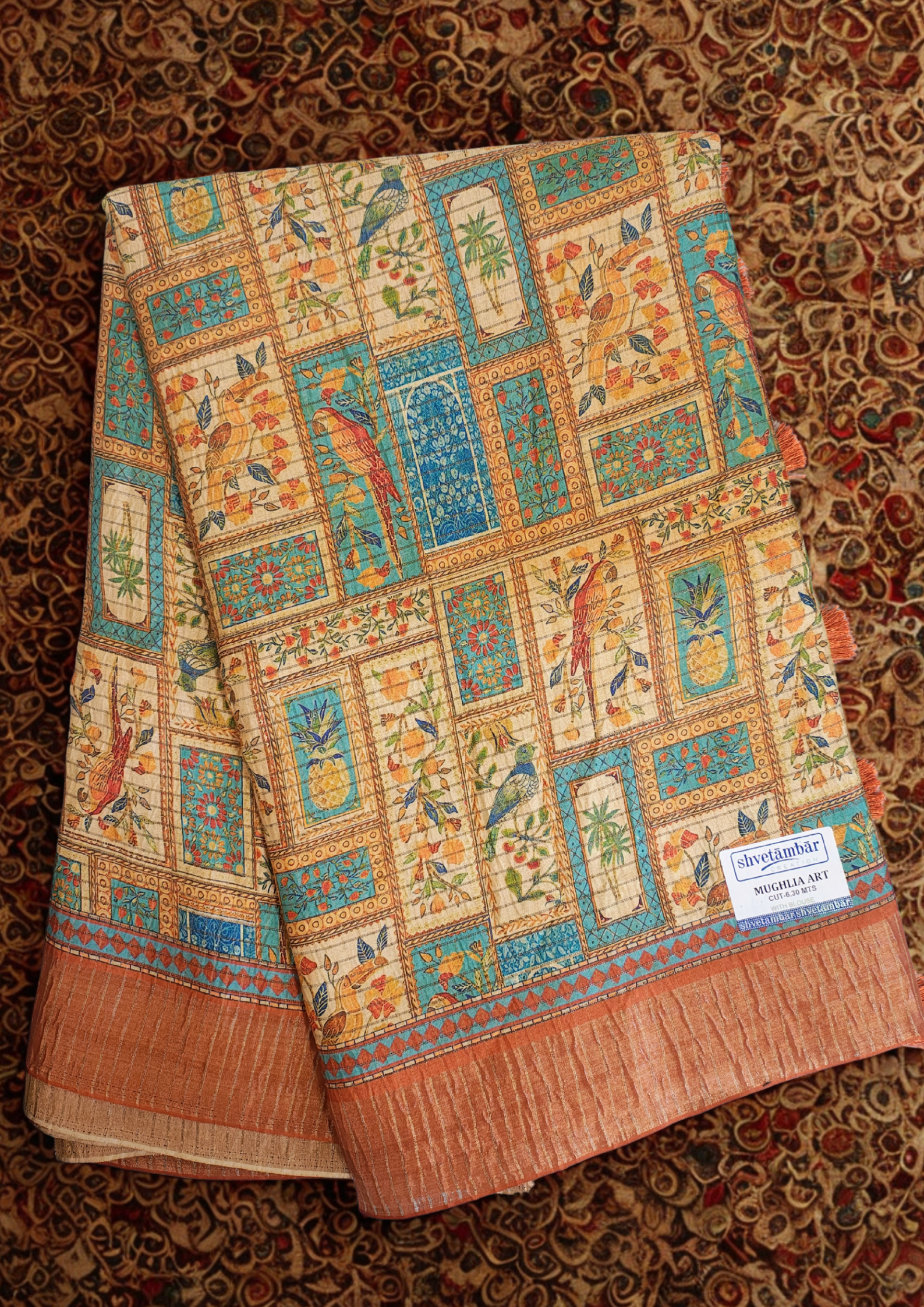 Mughalia Art Orange Heritage silk saree